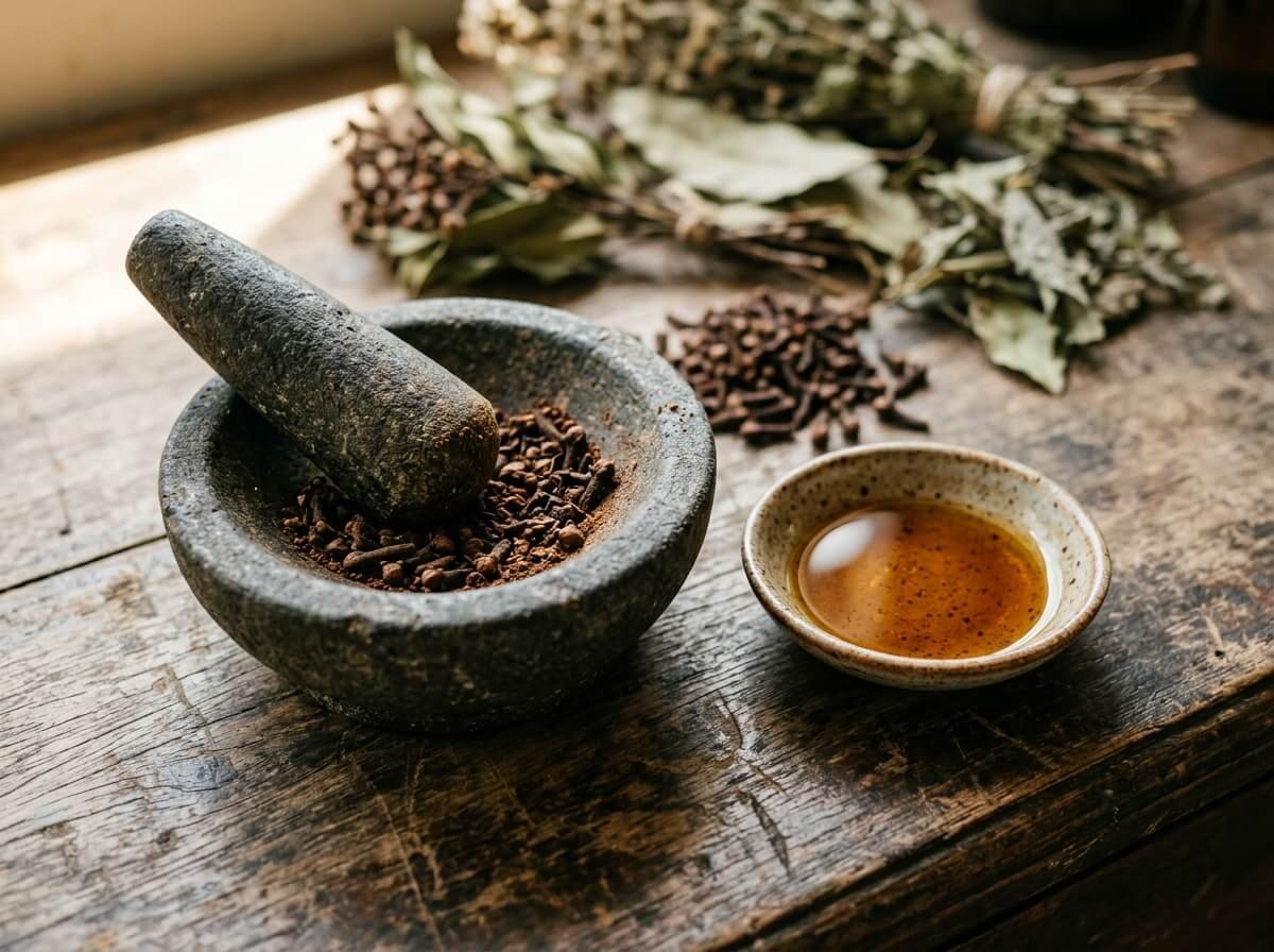 Clove buds ground in a stone mortar beside a dish of clove oil