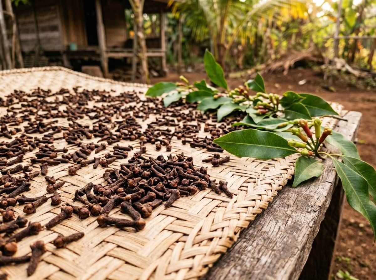 Dried clove buds cengkeh drying on a rattan mat in the Spice Islands