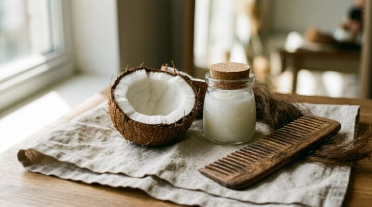 coconut oil for hair, a halved coconut and glass jar of oil beside a wooden comb
