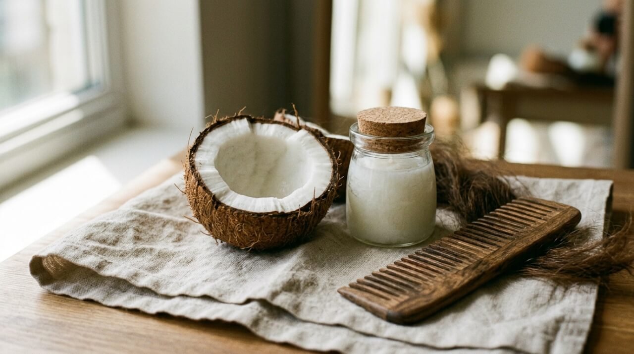 coconut oil for hair, a halved coconut and glass jar of oil beside a wooden comb