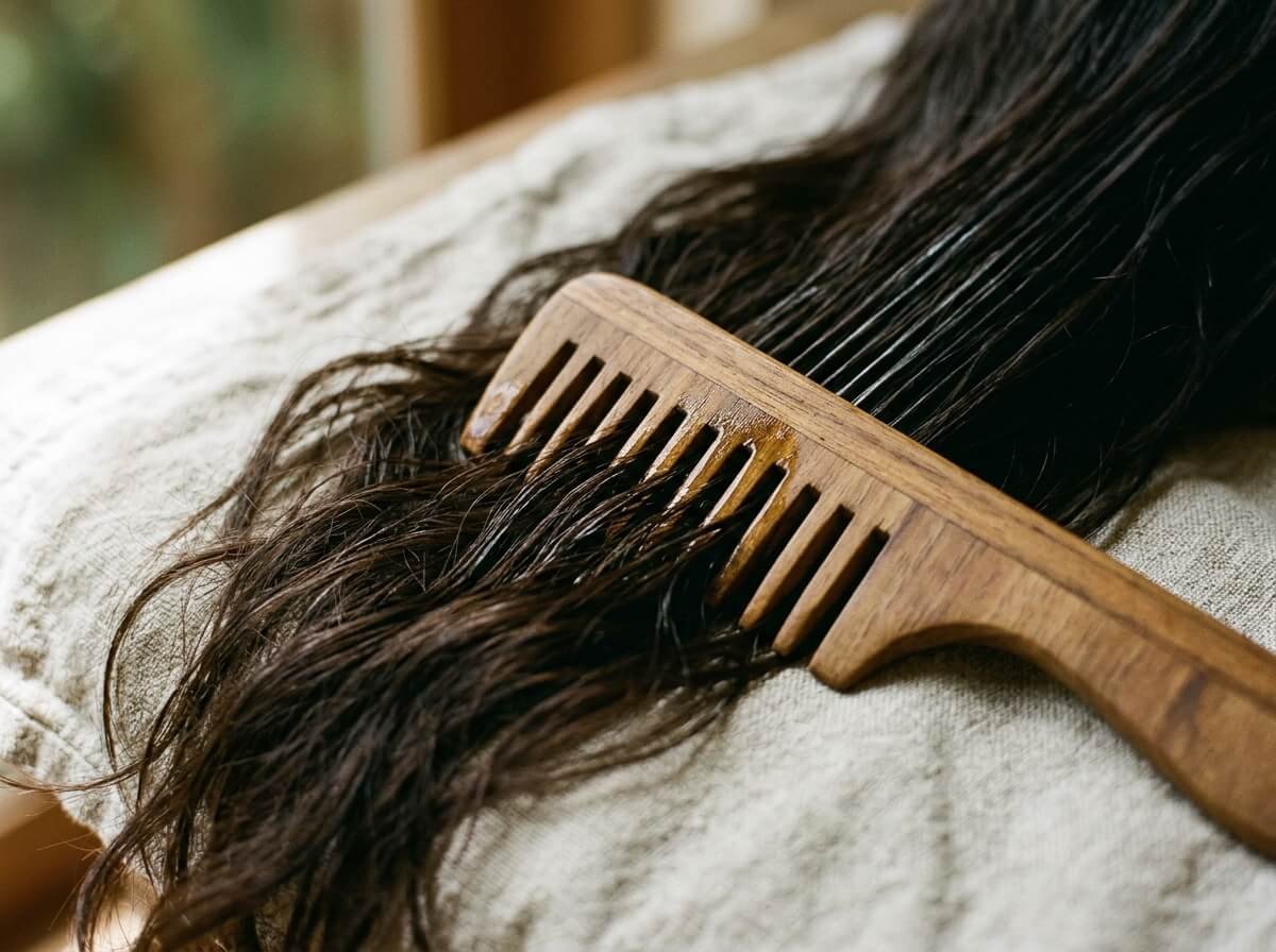 combing coconut oil for hair through the mid-lengths and ends