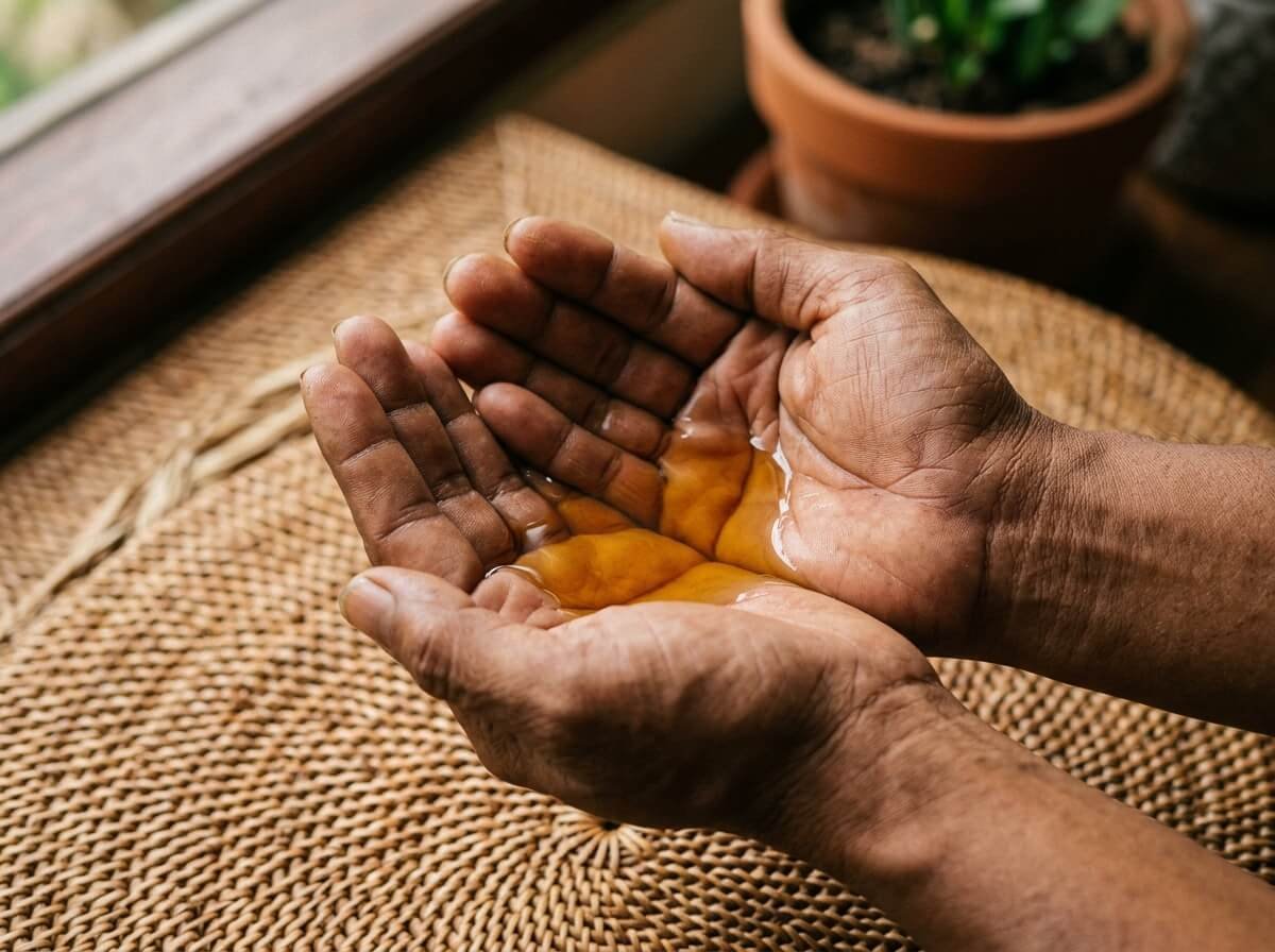 hands warming coconut oil before a pre-wash hair oiling ritual