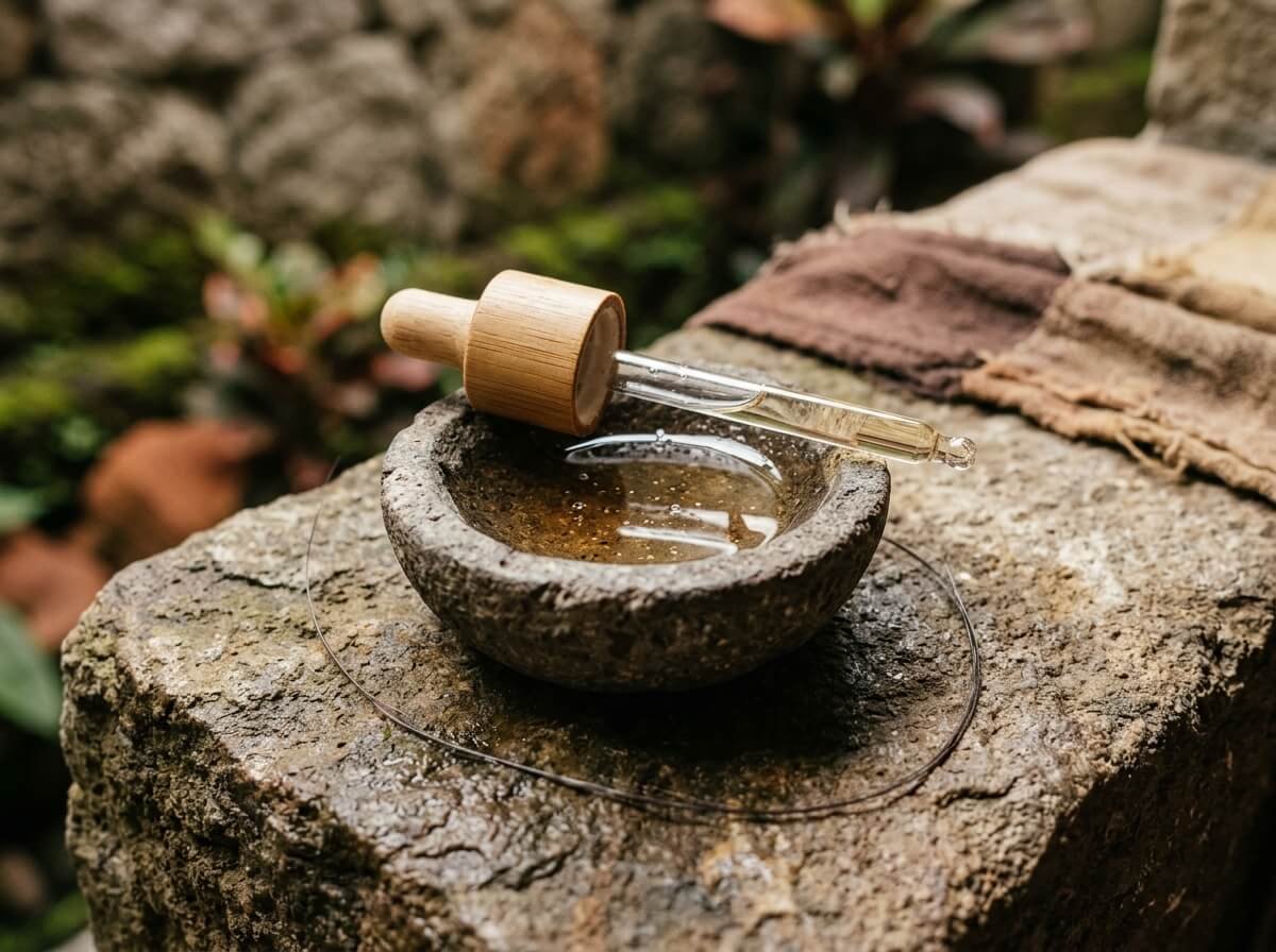 clear coconut oil in a stone dish, showing the light texture that penetrates hair