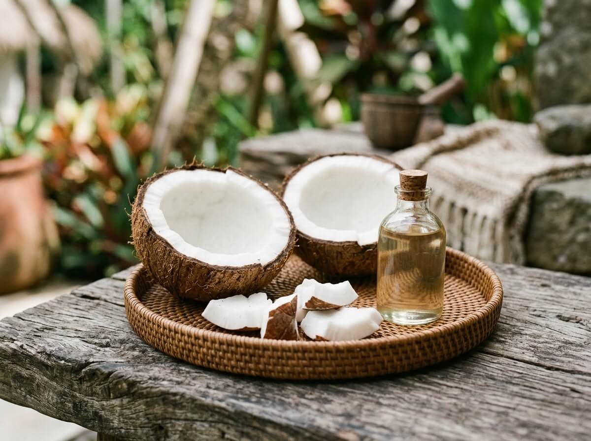 cold-pressed Balinese coconuts and raw coconut flesh, the source of virgin coconut oil