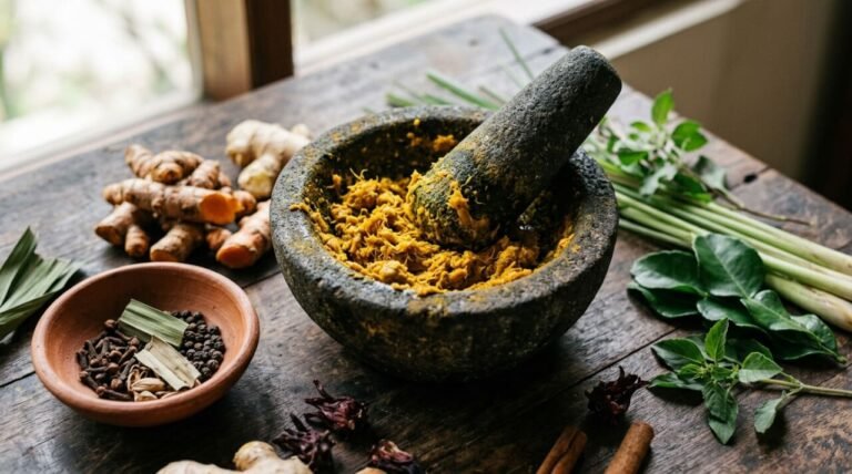stone mortar and pestle with ground turmeric, roots and herbs on a wooden table