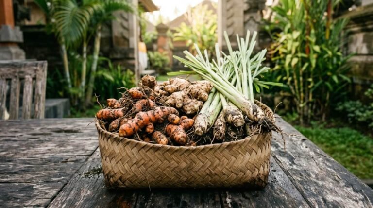 freshly harvested turmeric ginger and lemongrass in a woven basket