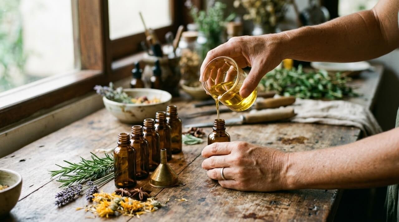 hands pouring botanical oil into small amber bottles on a wooden workbench
