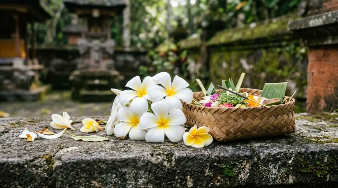 White frangipani blossoms on a stone temple ledge beside a woven offering tray