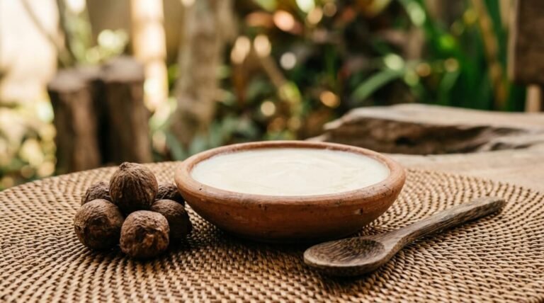 Illipe butter in a ceramic bowl beside illipe nuts on woven rattan