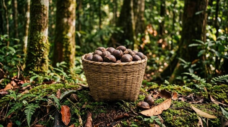 woven basket of illipe nuts on a rainforest floor