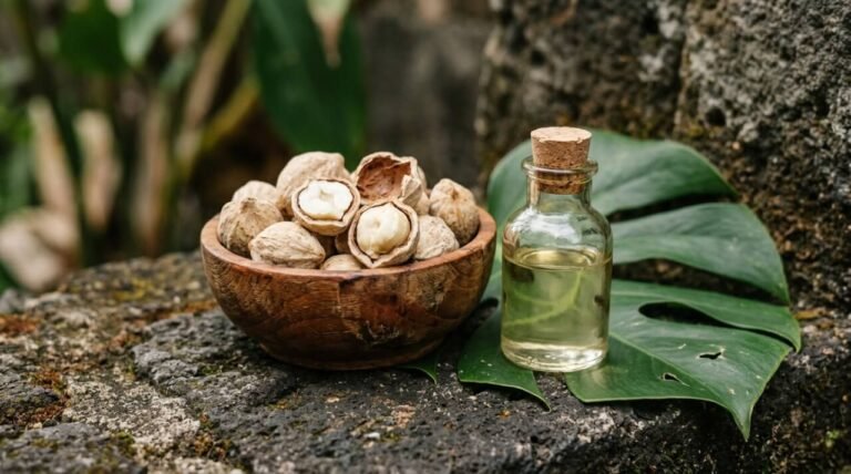 candlenuts beside a vial of pale golden kukui nut oil on stone