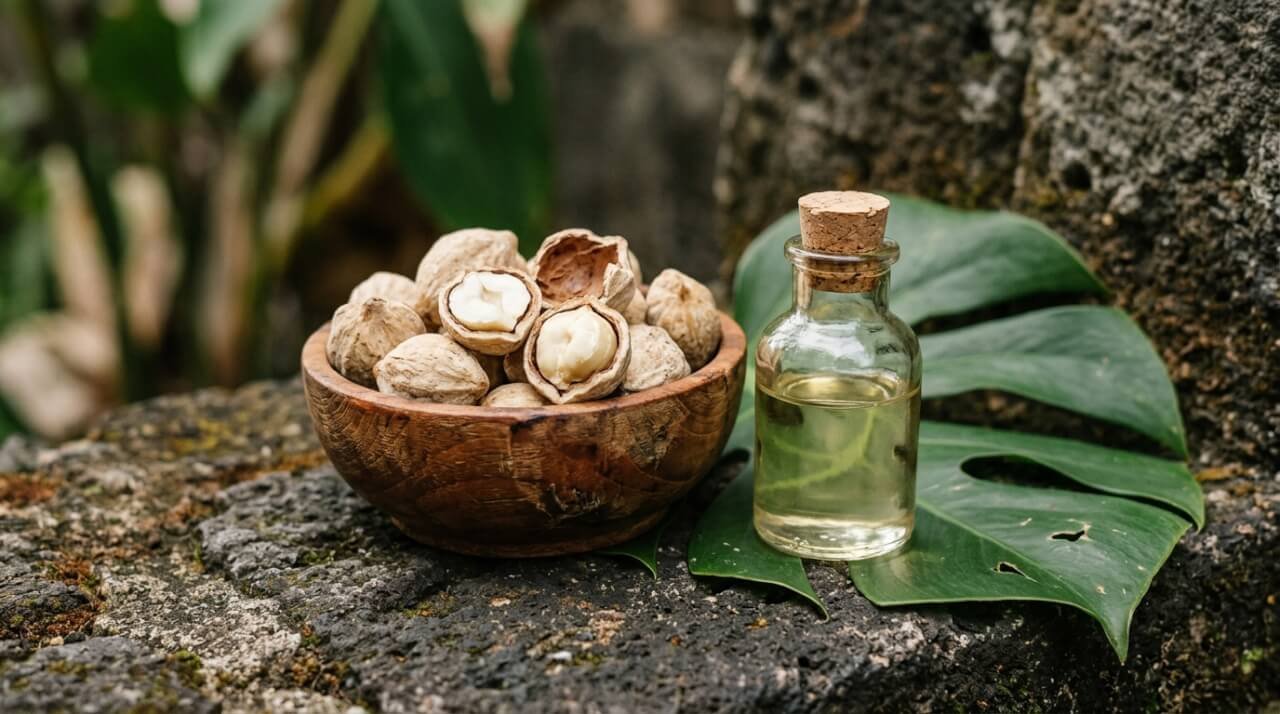candlenuts beside a vial of pale golden kukui nut oil on stone