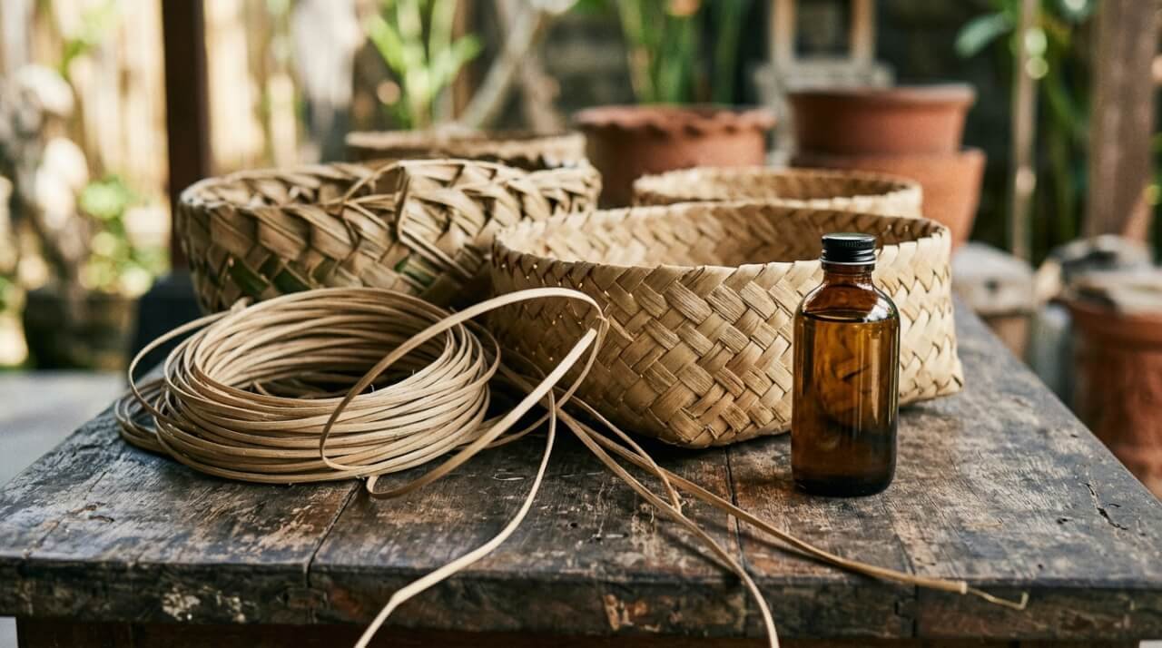 Hand-woven lontar palm baskets and natural fiber on a wooden table