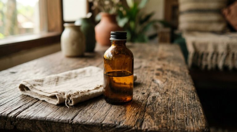 half-used bottle of botanical oil on a weathered wooden table in morning light