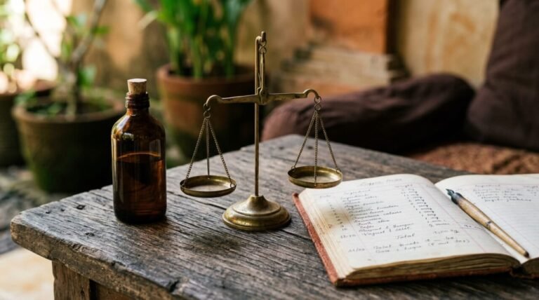 brass balance scale beside a ledger and a refilled amber bottle on a wooden table
