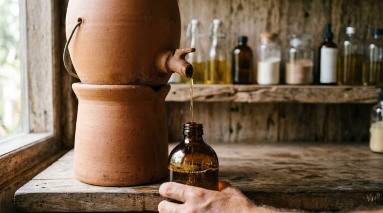 refilling a glass bottle at a wooden refill station