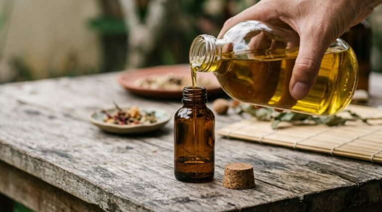 refilling a reusable amber glass bottle from a larger vessel