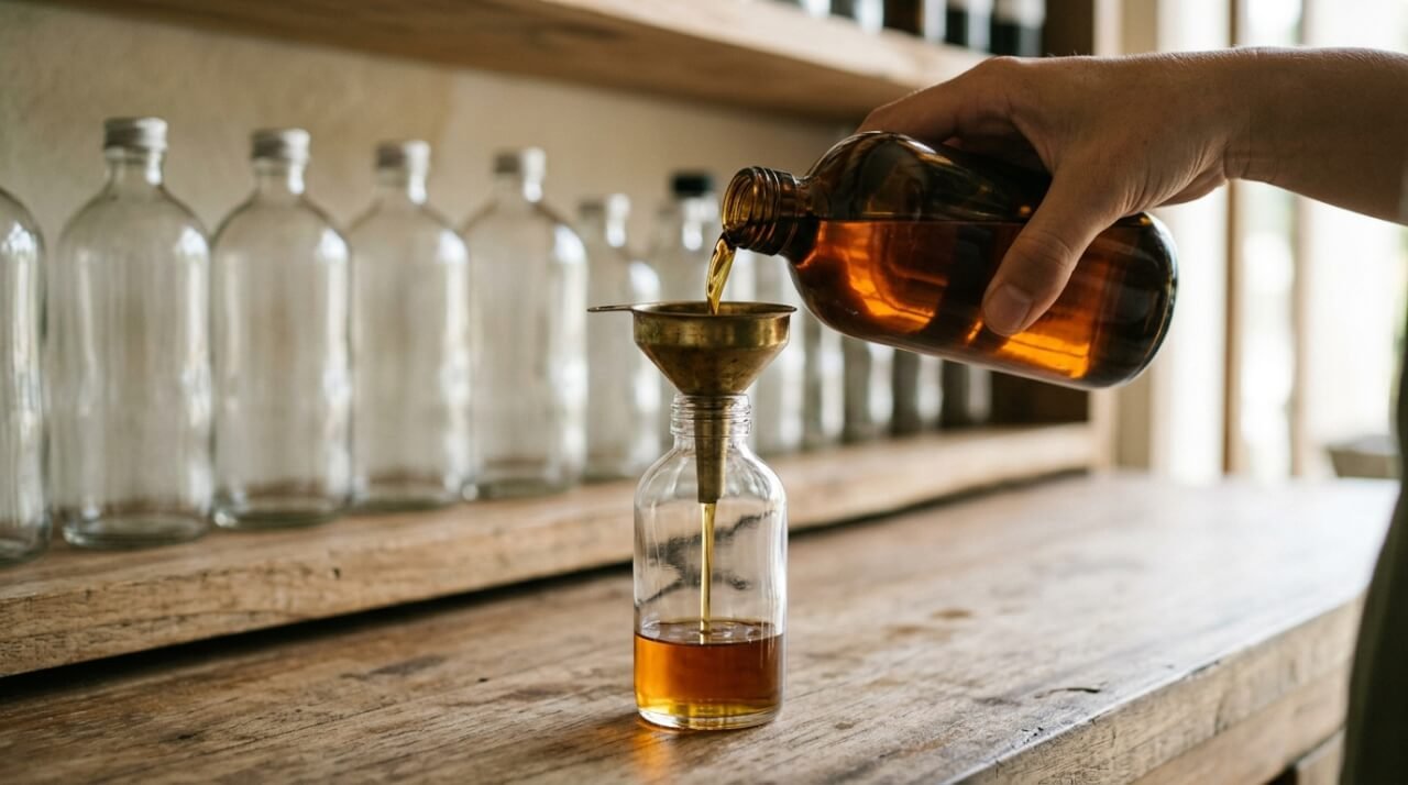 hand refilling a glass bottle with botanical oil at a wooden refill station