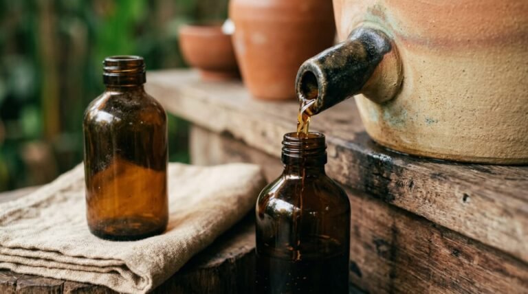 amber glass bottle being refilled at a wooden refill station