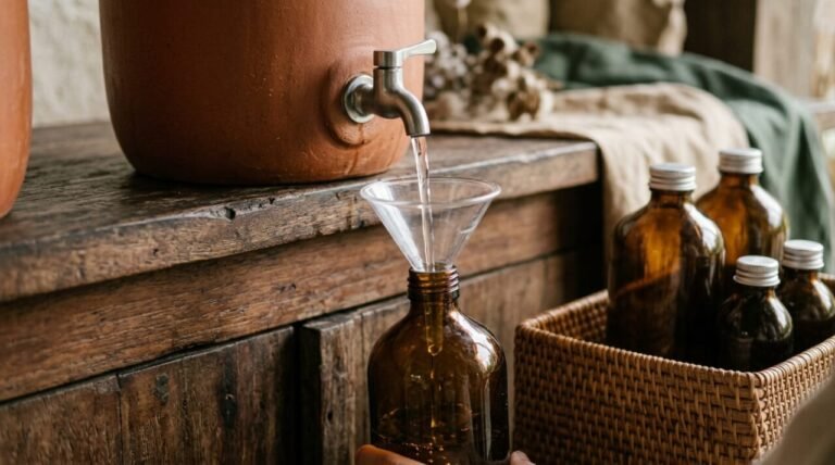 amber glass bottle being refilled from a ceramic dispenser at a wooden refill station