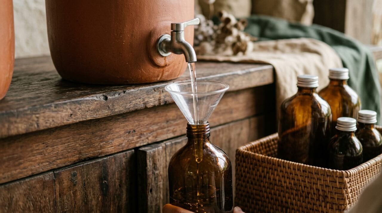 amber glass bottle being refilled from a ceramic dispenser at a wooden refill station