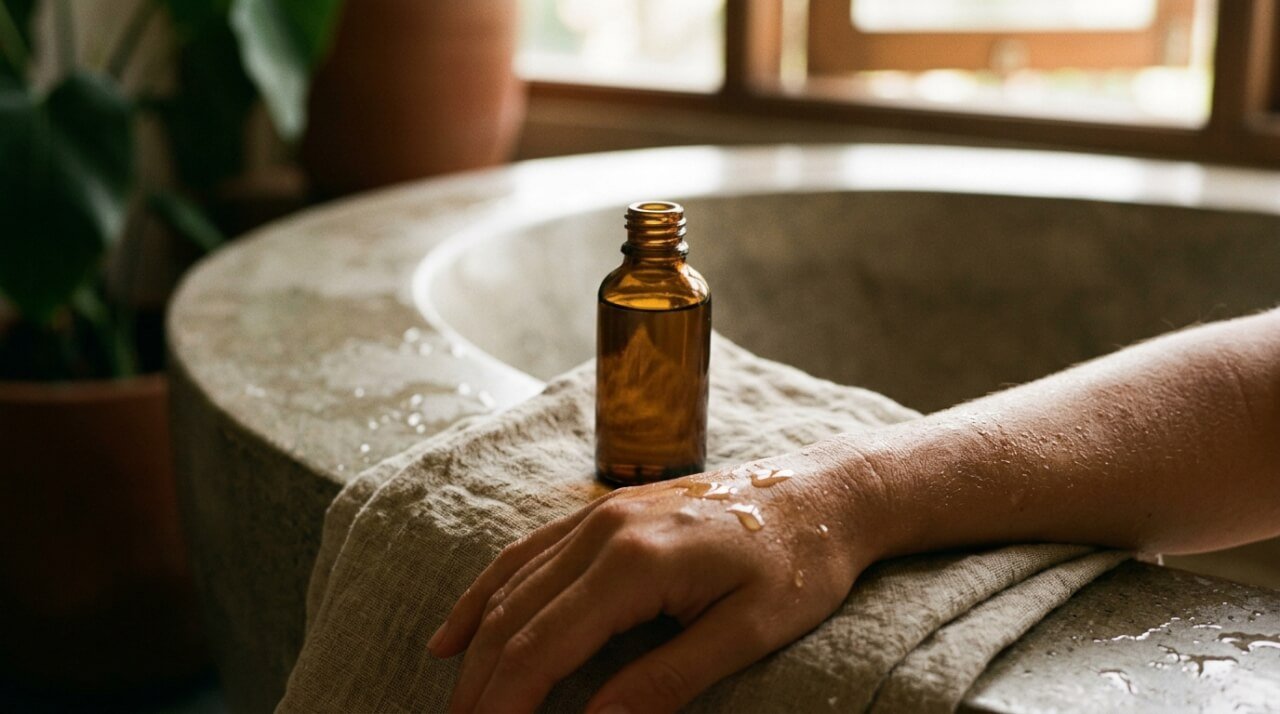 amber bottle of body oil on linen beside a stone bath with oil on damp skin