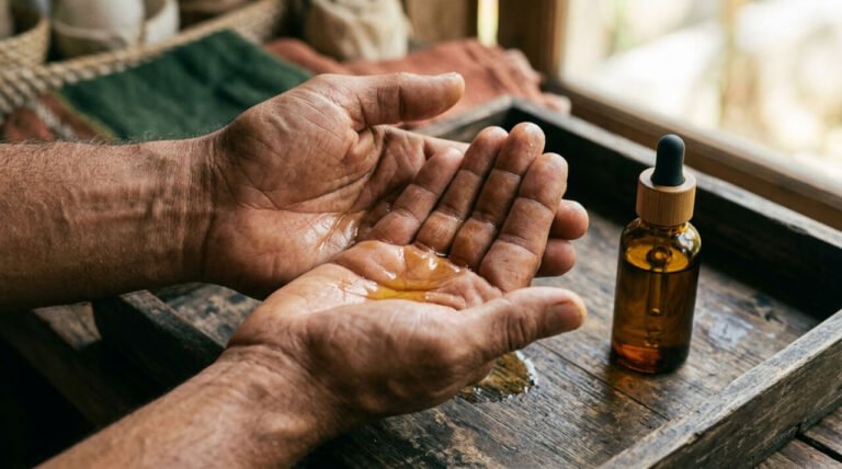 cupped hands warming a few drops of facial serum oil beside an amber dropper bottle