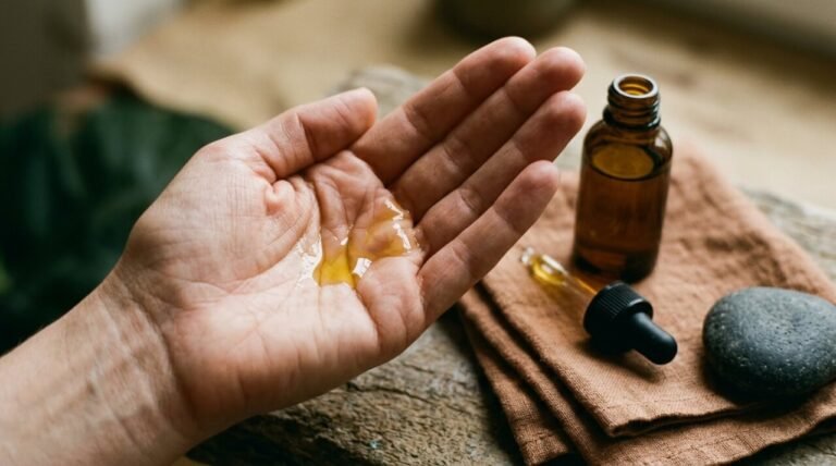 drops of golden face oil resting in an open palm beside a glass dropper bottle