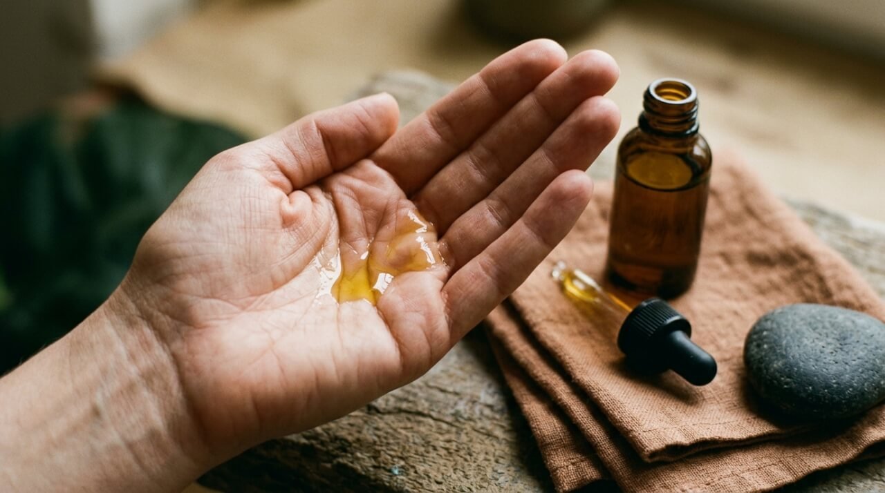 drops of golden face oil resting in an open palm beside a glass dropper bottle