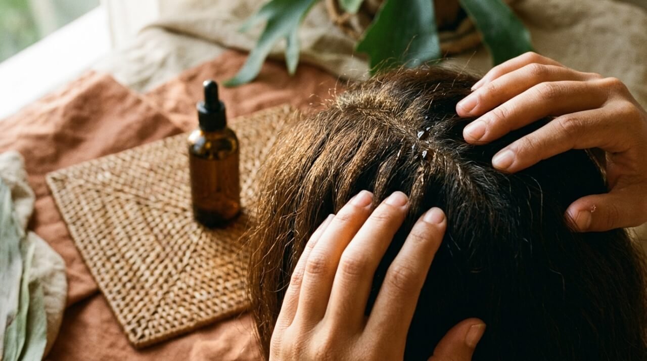 hands massaging botanical oil into the scalp