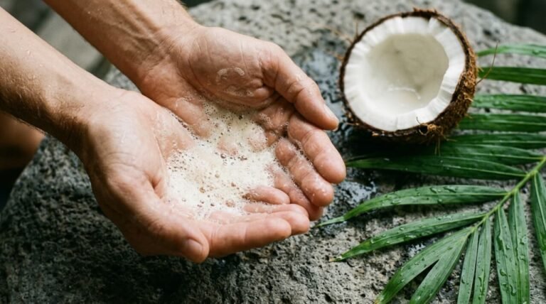hands cupping natural soap lather beside coconut and botanicals on stone