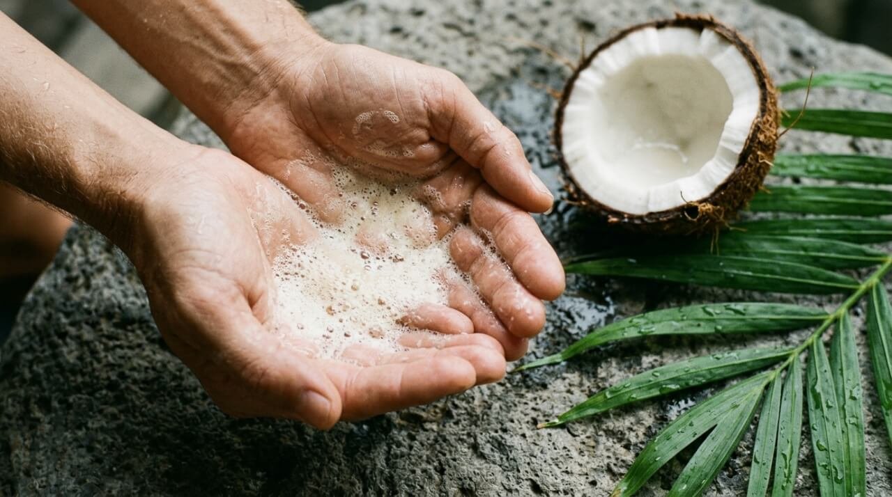 hands cupping natural soap lather beside coconut and botanicals on stone