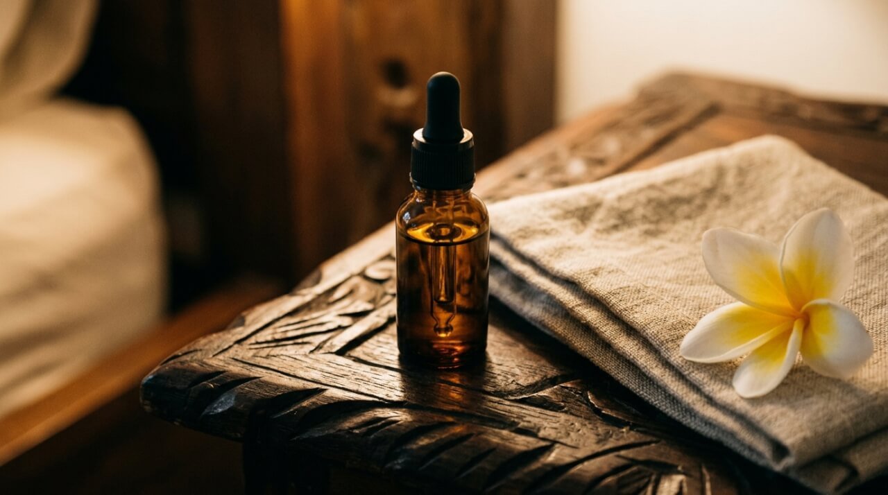 botanical facial oil in an amber dropper bottle on a wooden nightstand in low evening light