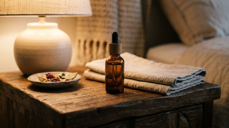 amber dropper bottle of face oil on a wooden nightstand in evening lamplight