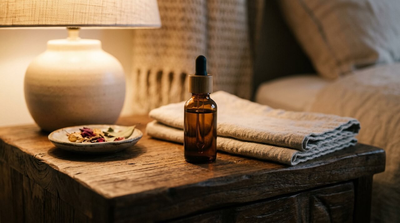amber dropper bottle of face oil on a wooden nightstand in evening lamplight