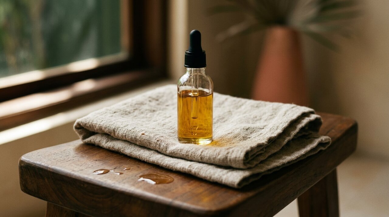 glass dropper bottle of body oil on a linen towel beside a wooden bath stool in morning light