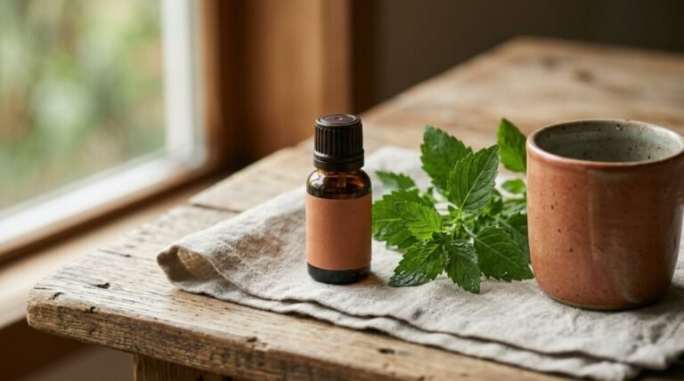 amber essential oil bottle on linen beside fresh herbs and a ceramic cup in morning light