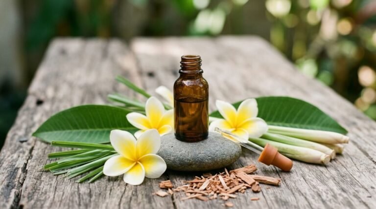amber glass bottle of botanical essential oil among frangipani and lemongrass on wood