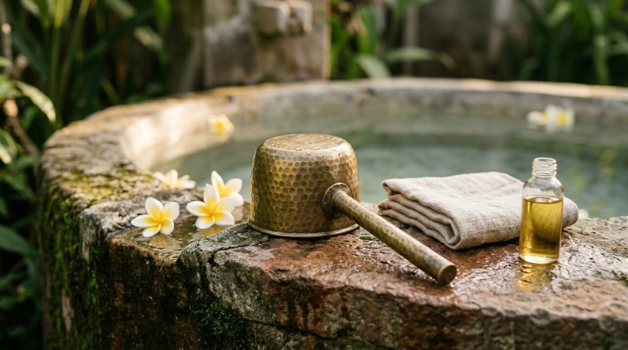 brass water dipper on a stone bath with frangipani blossoms and body oil