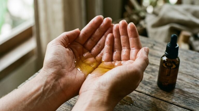 hands cupping a few drops of golden botanical facial oil