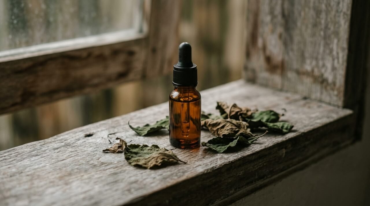 amber oil bottle and dried leaves on a weathered wooden shelf in morning light
