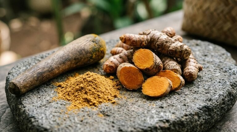 Fresh turmeric root and ground turmeric powder on a stone surface