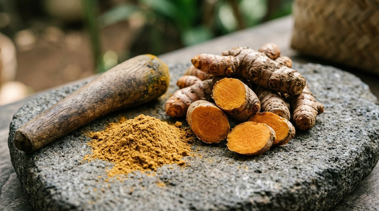 Fresh turmeric root and ground turmeric powder on a stone surface