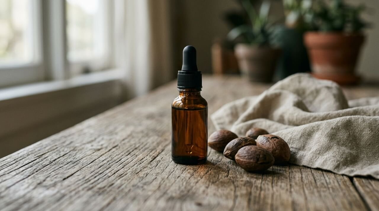 amber glass oil bottle beside raw nuts and linen on a wooden table in morning light
