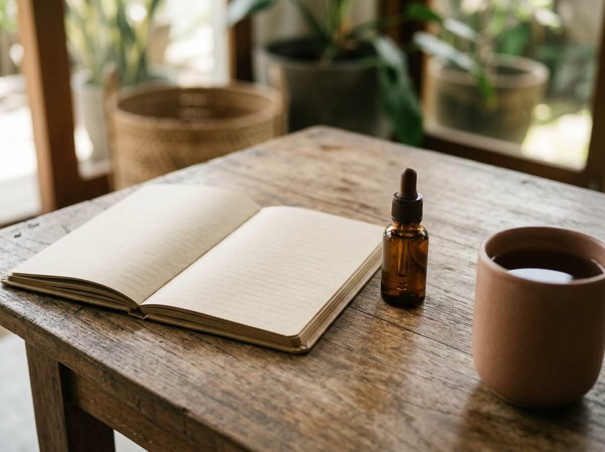 Open notebook and an amber essential oil bottle on a calm wooden desk