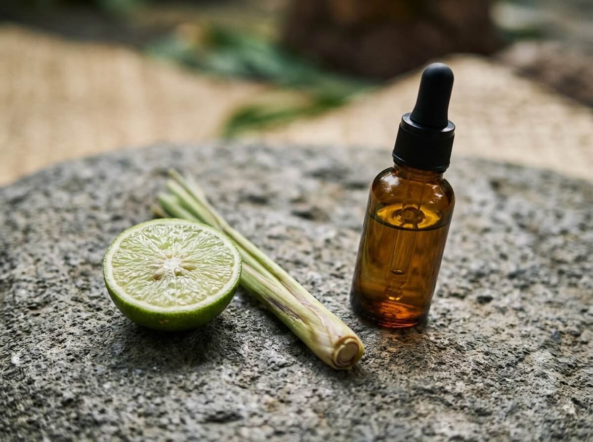 Fresh lime and lemongrass beside an amber essential oil bottle on stone