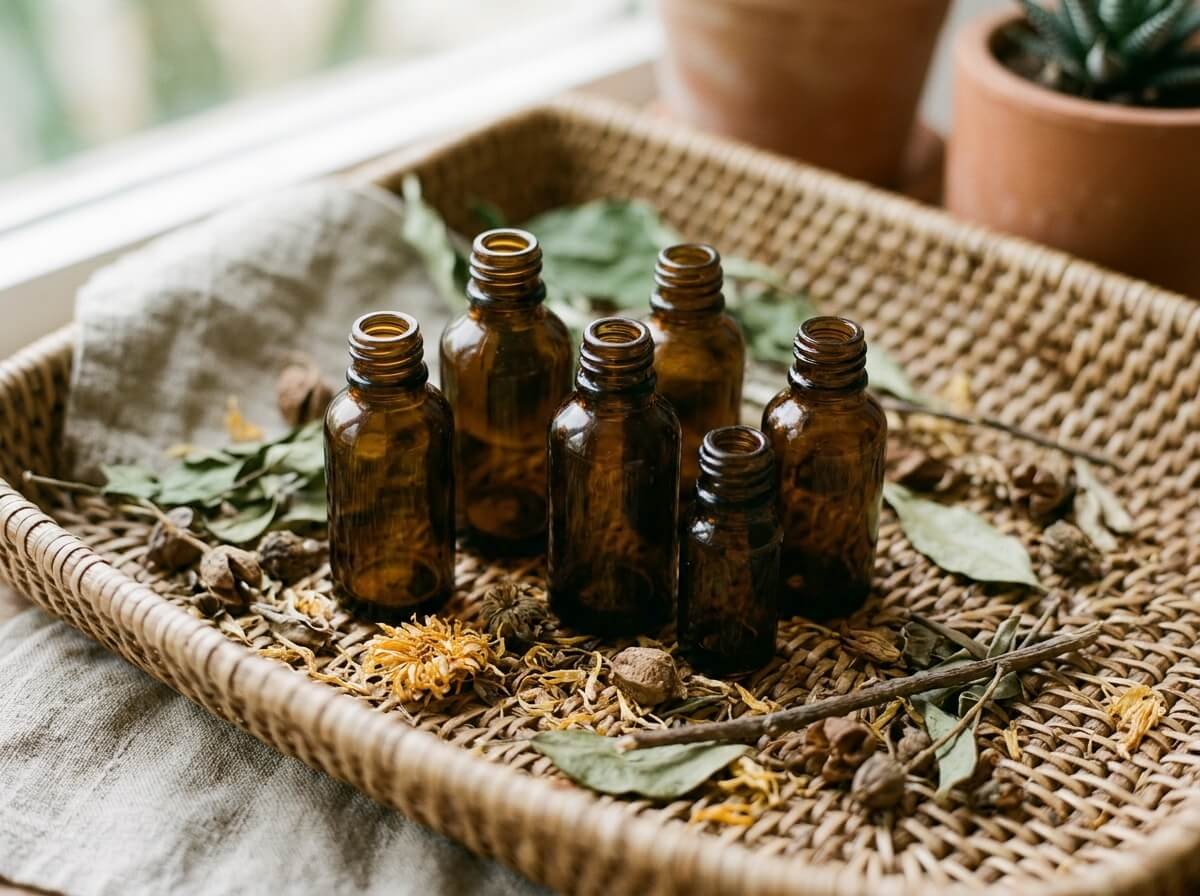 Curated set of amber essential oil bottles on a rattan tray with dried botanicals