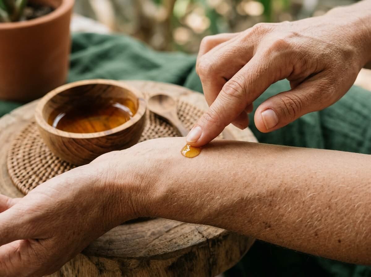 Hand patch testing a drop of oil on the inner forearm with carrier oil nearby