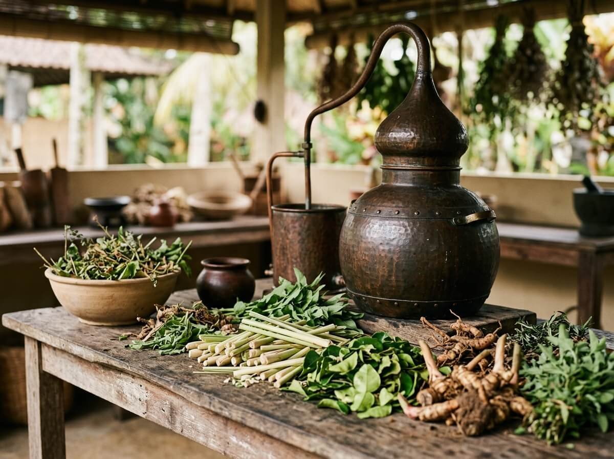 Traditional copper distillation still with fresh plant material