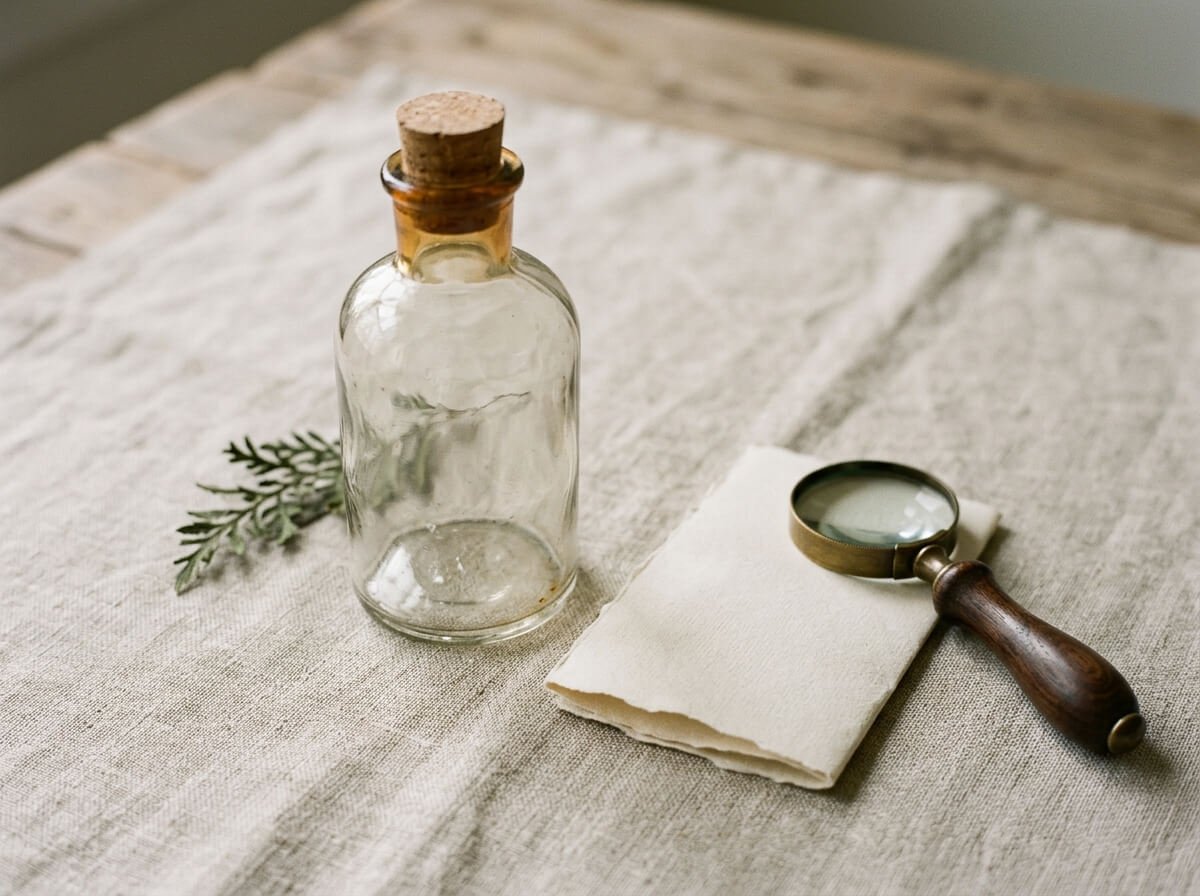 Plain unlabeled glass bottle beside a paper label and magnifying glass